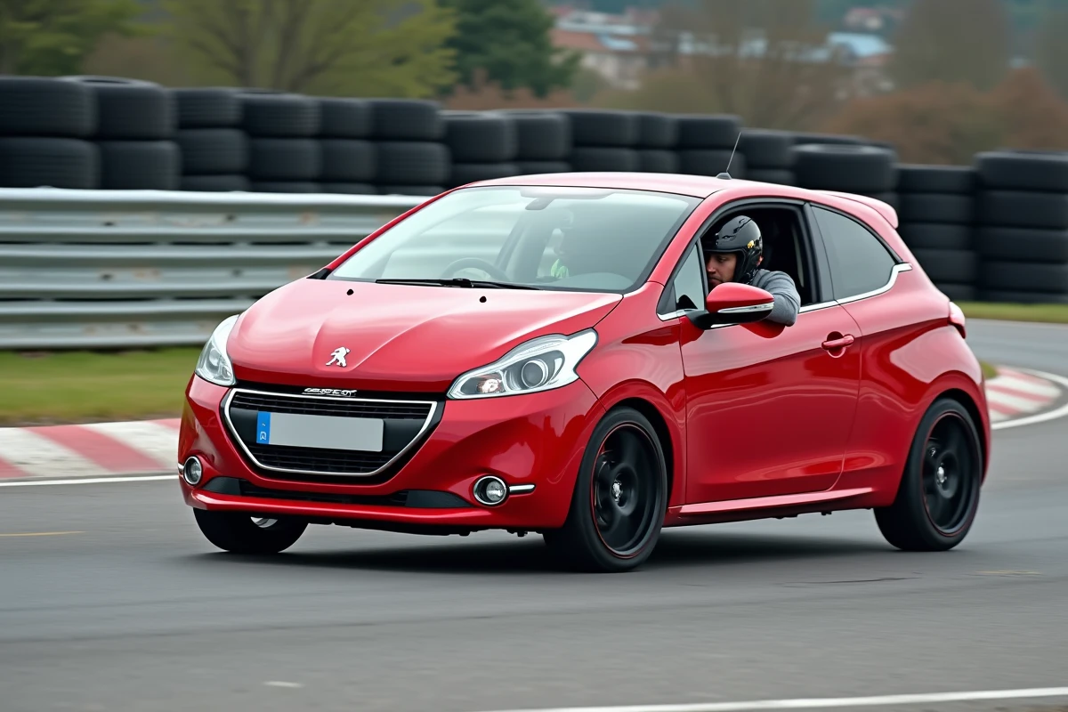 Peugeot 208 GTI rouge en action sur un circuit urbain fermé, conducteur concentré au volant avec casque de course, roues en légère rotation