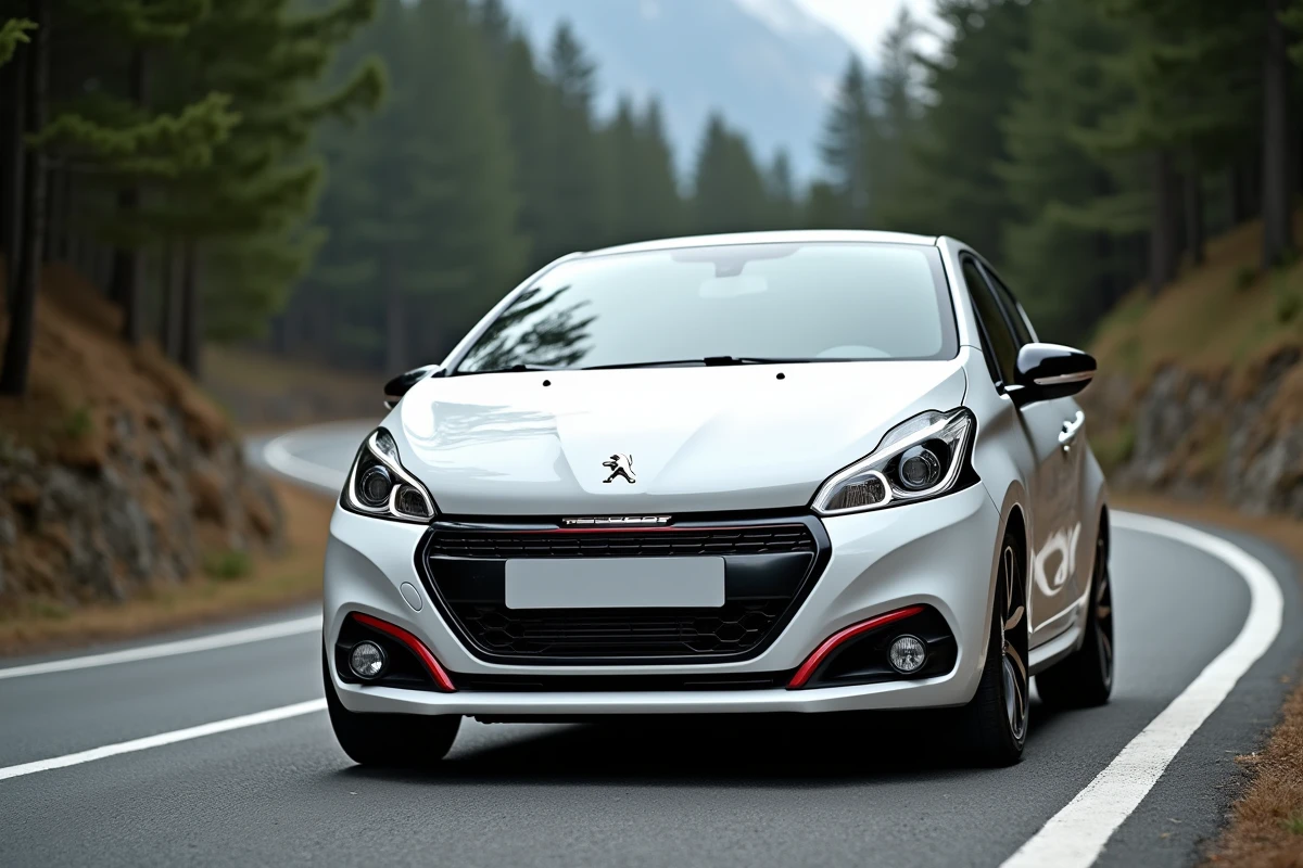 Peugeot 208 GTI blanche garée sur une route de montagne sinueuse dans les Alpes françaises, vue en 3/4 avant avec étriers de frein rouges et double sortie d'échappement