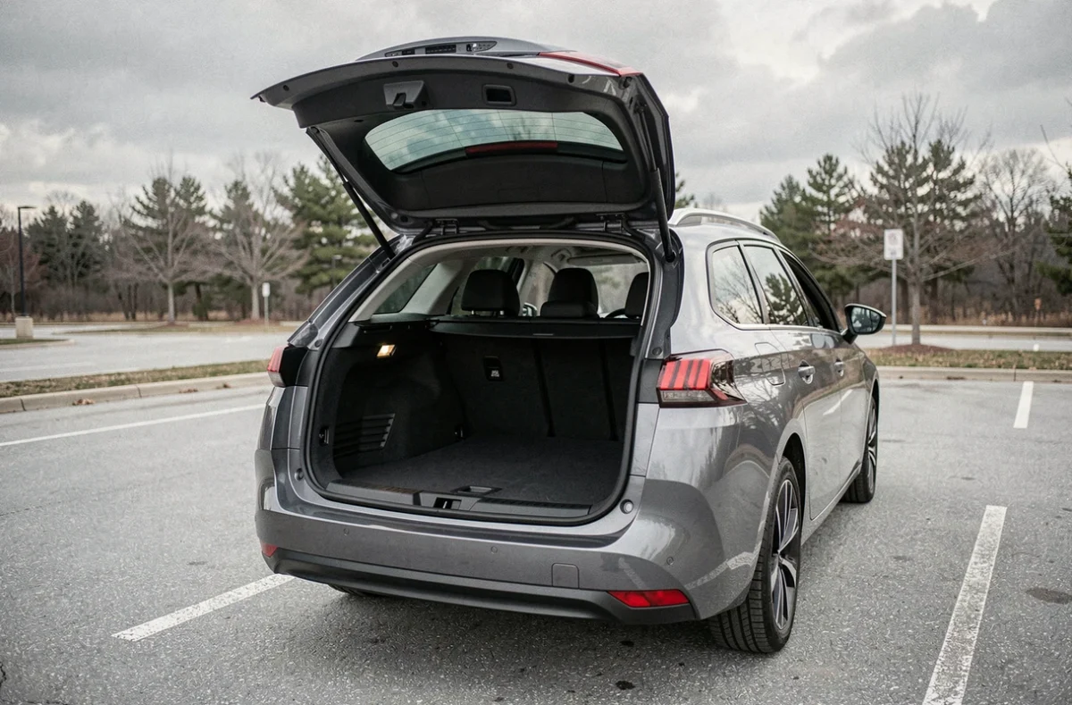 Coffre ouvert de la Peugeot 308 SW avec espace de chargement généreux en vue trois quarts arrière