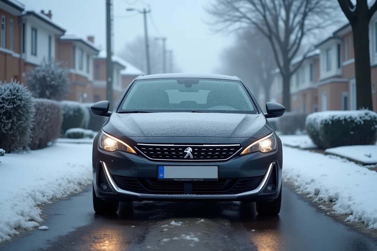 Peugeot démarrée par temps froid avec givre et condensation, voyant orange allumé au tableau de bord