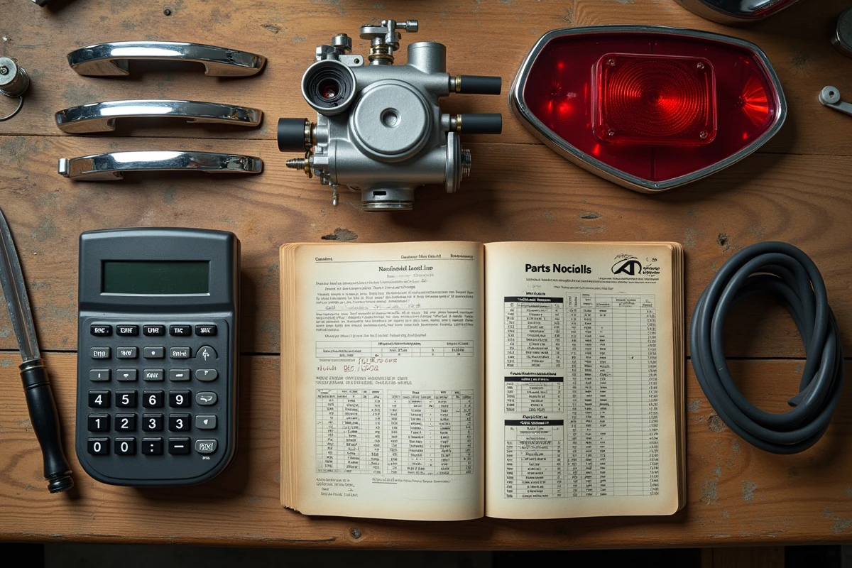 Pièces détachées et budget de restauration pour une Chevrolet Impala 1967 disposés sur un établi d'atelier