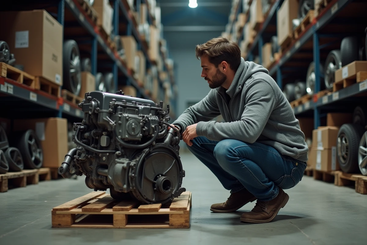 Homme inspectant un moteur d'occasion dans un entrepôt de pièces détachées d'une casse automobile du Nord
