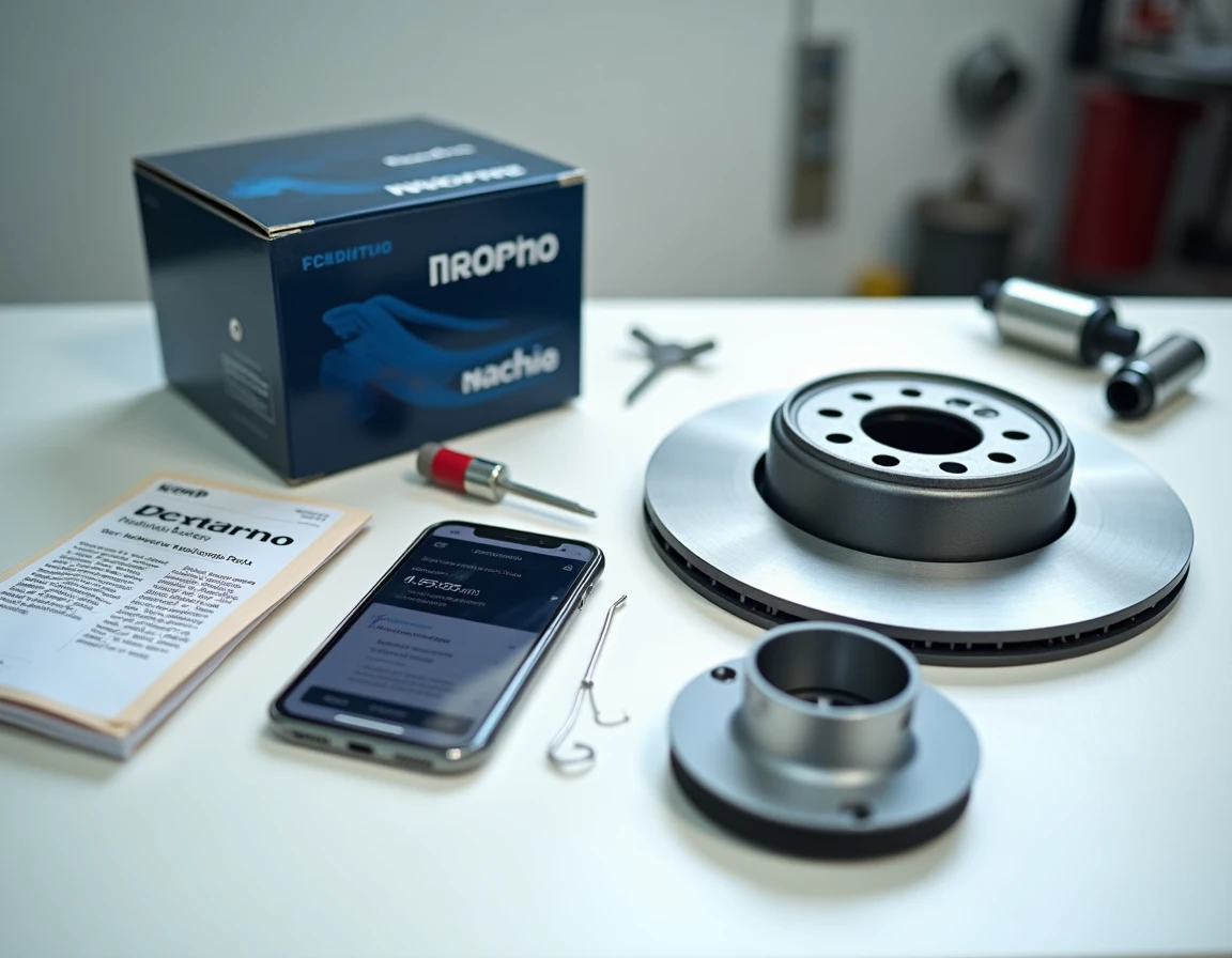 Pièces automobiles d'origine constructeur disposées avec une garantie officielle et un smartphone affichant un site de vente de pièces auto comme Pieceauto24