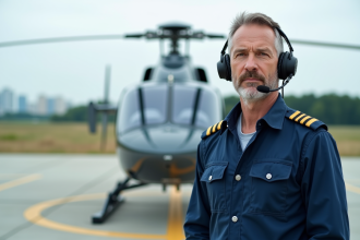 Pilote d'avion civil à côté d'un hélicoptère moderne sur un hélipad