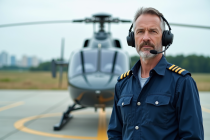 Pilote d'avion civil à côté d'un hélicoptère moderne sur un hélipad