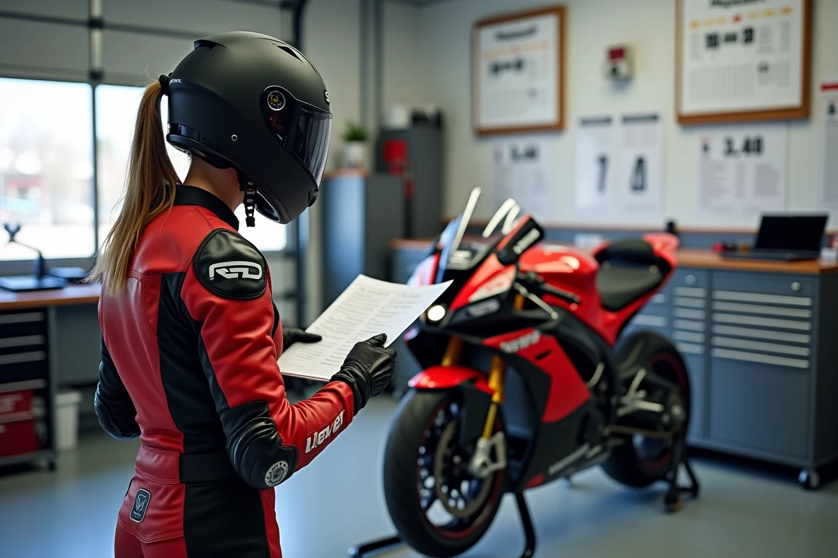 Pilote féminine en combinaison cuir consultant une fiche de réglages devant sa Moto 3.0 préparée pour le circuit