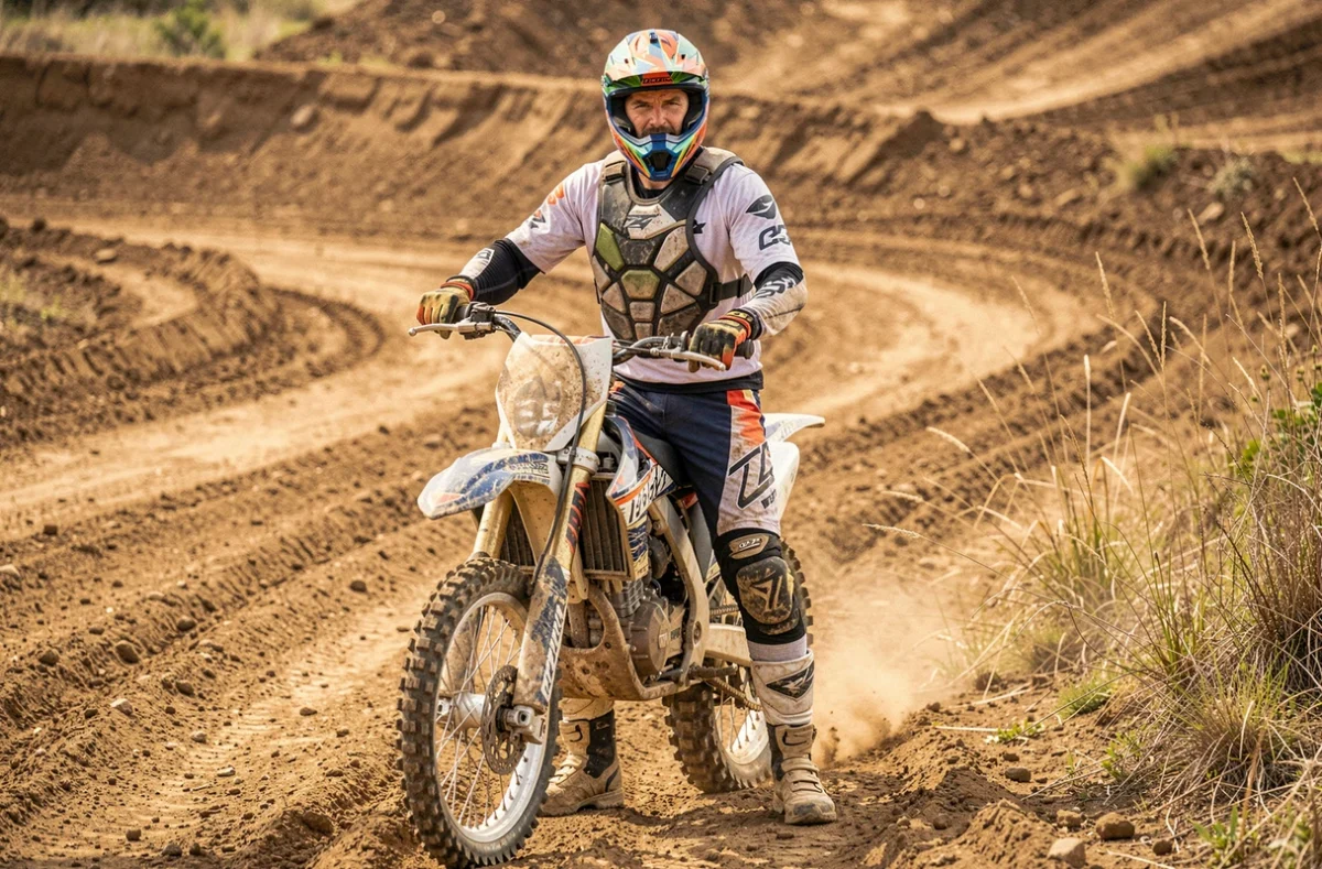 Pilote de moto cross équipé de protections complètes debout à côté de sa moto sur un circuit de terre