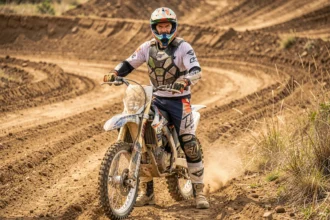 Pilote de moto cross équipé de protections complètes debout à côté de sa moto sur un circuit de terre