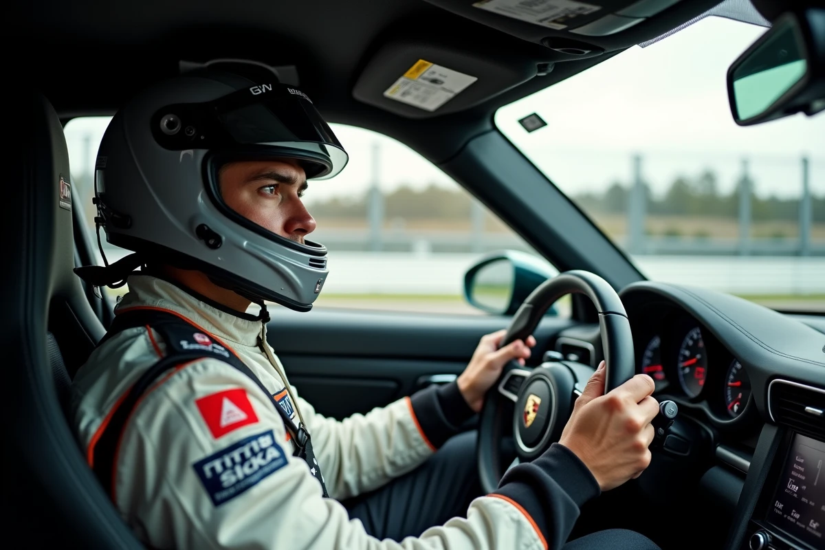 Pilote amateur en tenue de course au volant d'une Porsche 911 GT3 sur circuit, vue depuis la vitre conducteur