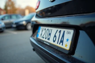 Plaque d'immatriculation ukrainienne UA montée sur un véhicule moderne dans un parking urbain