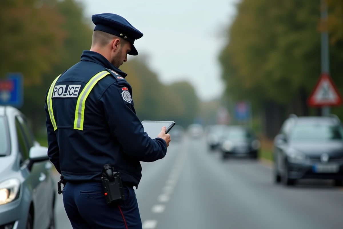 Policier en uniforme consultant une tablette au bord de la route sans interception de véhicule lors d'un contrôle radar