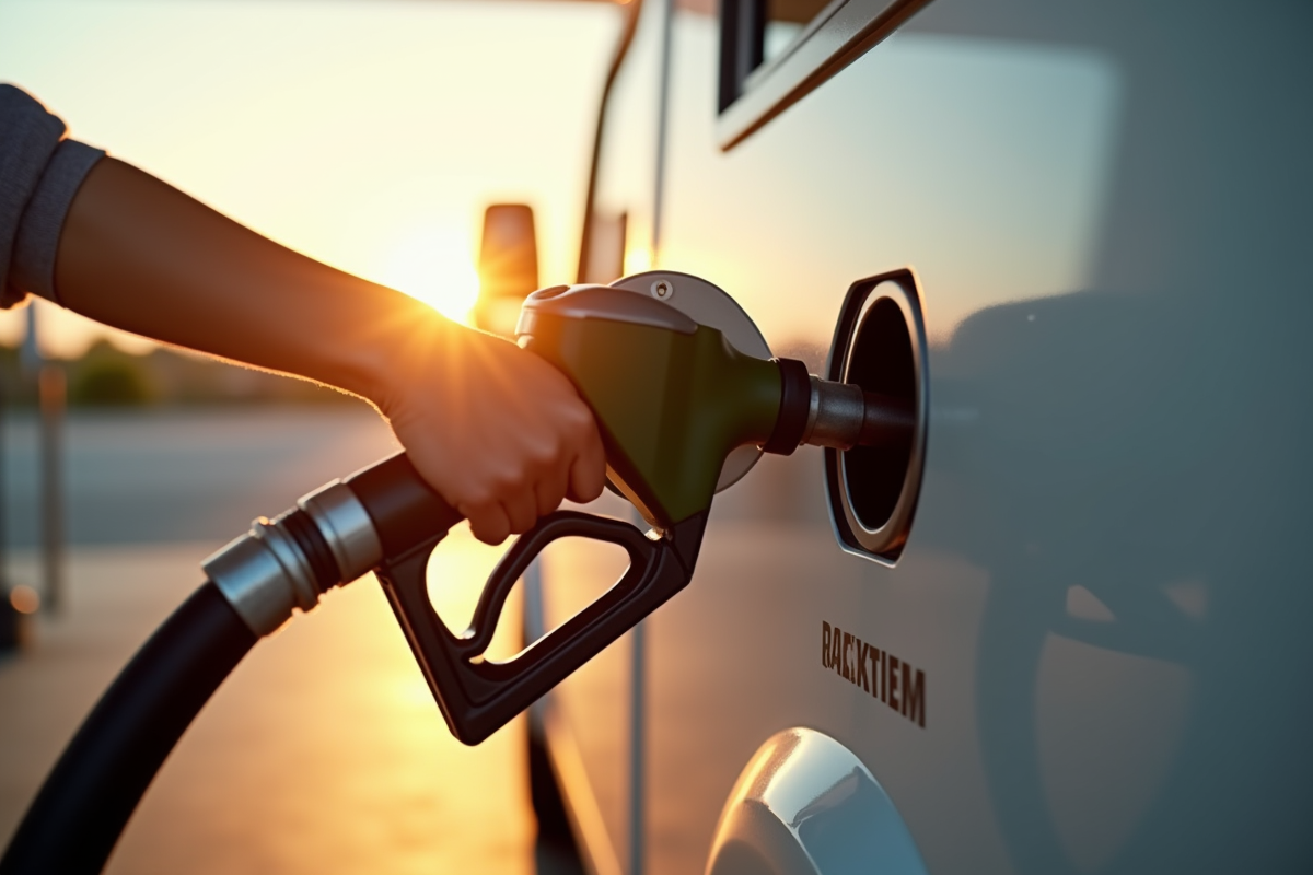 Buse de carburant remplissant le grand reservoir d une caravane au station service