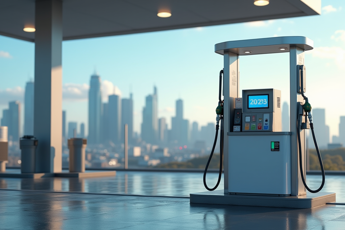 Pompe à carburant diesel avec skyline futuriste en arrière-plan