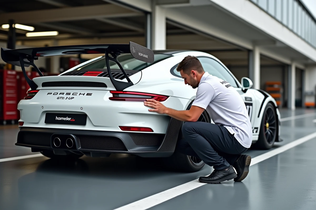 Mécanicien inspectant une Porsche 911 GT3 Cup blanche dans le paddock d'un circuit automobile