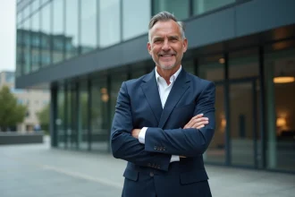 Portrait professionnel d'un homme d'affaires devant un immeuble moderne, illustrant le profil de Thierry Vigneau Boiserie