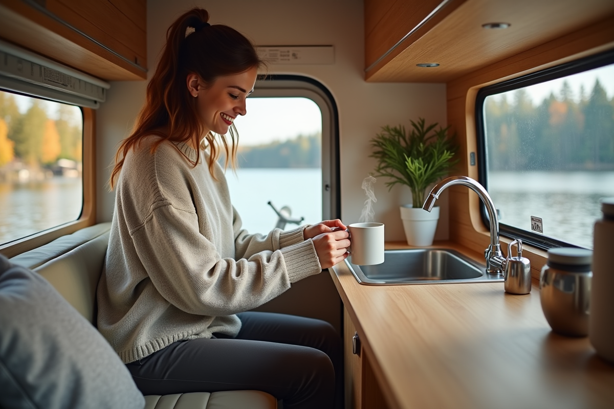 Jeune femme préparant le café dans le van