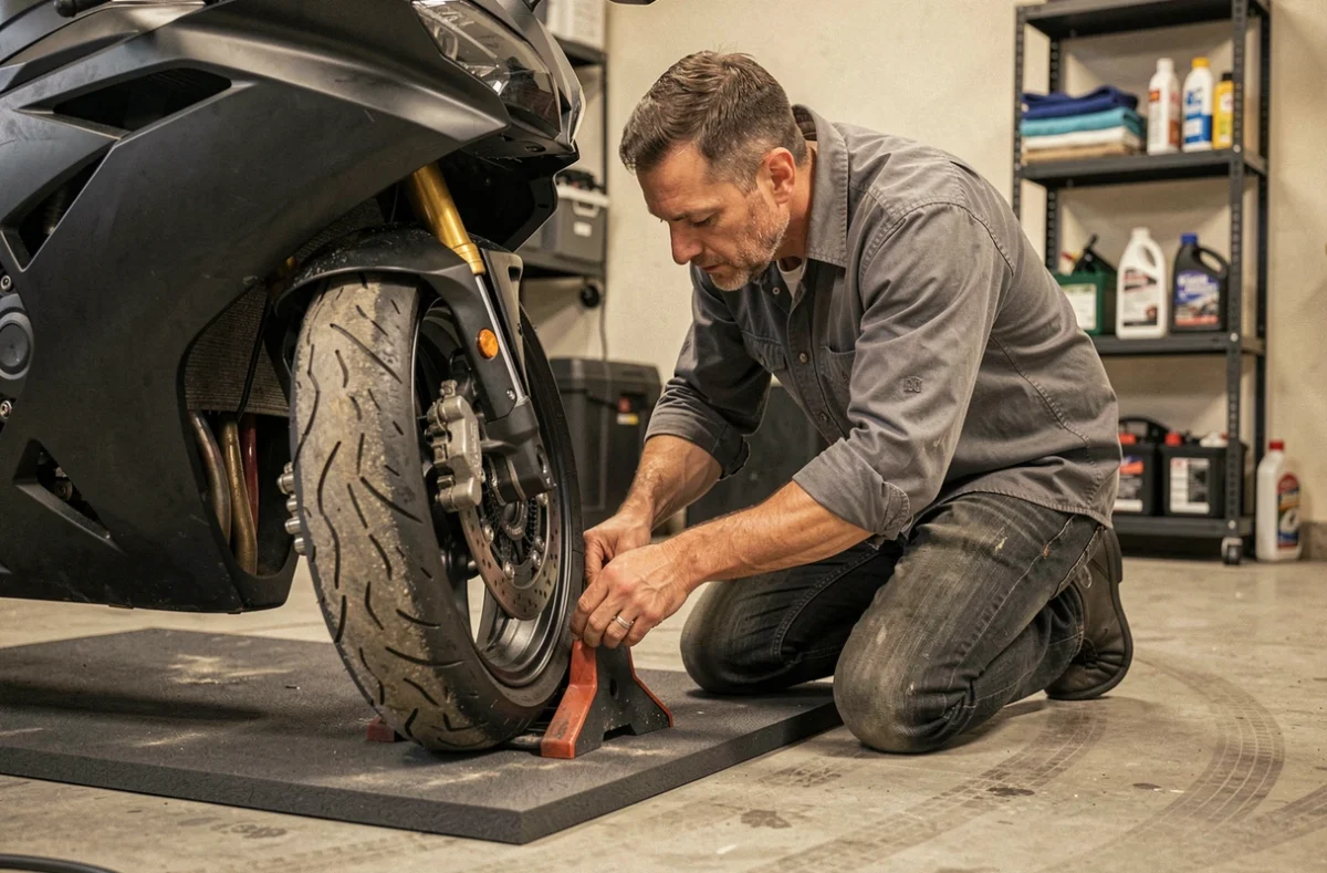 Propriétaire de moto en train de positionner sa moto moderne sur un tapis de garage antidérapant pour une bonne préparation à l'hivernage
