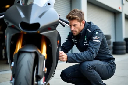 Technicien moto inspectant la suspension avant d'une Moto 3.0 dans le paddock d'un circuit avant une session piste