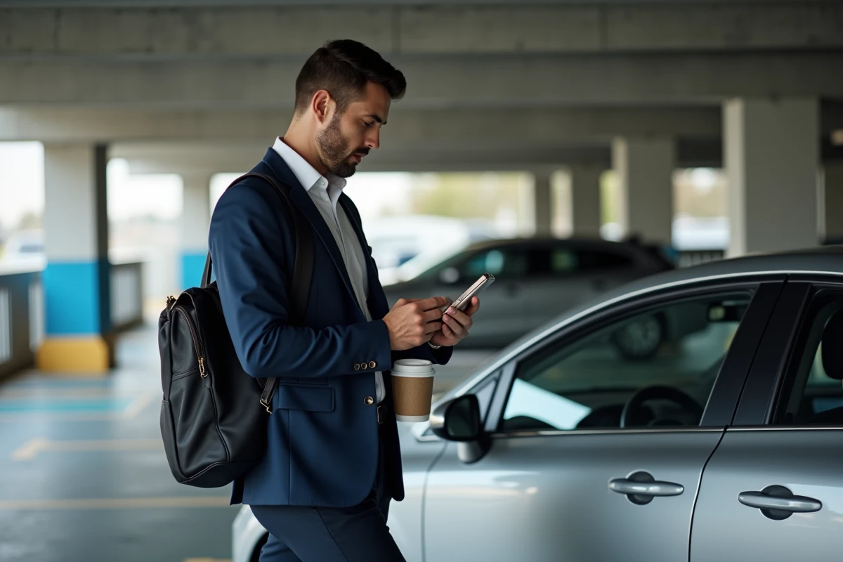 Professionnel consultant une application d'estimation de coût de trajet voiture dans un parking souterrain avant de partir au travail