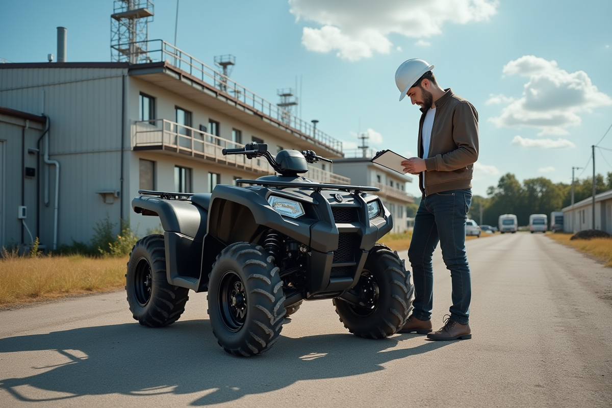 Propriétaire vérifiant documents à côté du quad en plein air