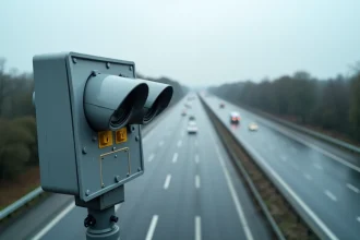 Radar jumelle fixé sur un pont d'autoroute en France, dispositif de contrôle de vitesse binôme sans présence policière