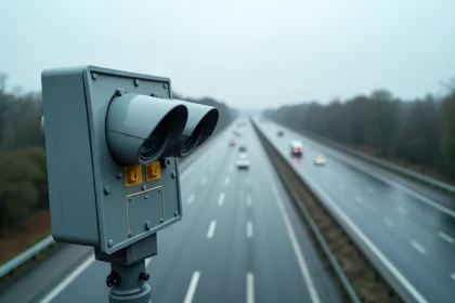 Radar jumelle fixé sur un pont d'autoroute en France, dispositif de contrôle de vitesse binôme sans présence policière