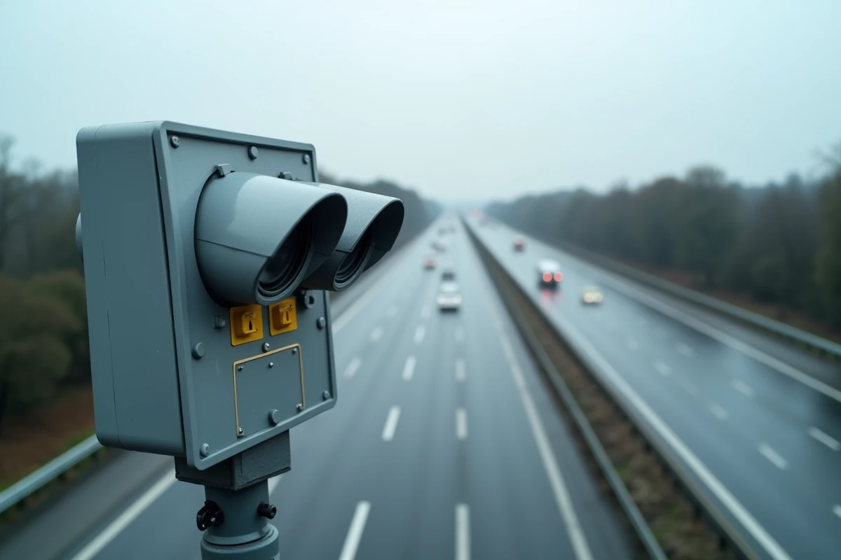 Radar jumelle fixé sur un pont d'autoroute en France, dispositif de contrôle de vitesse binôme sans présence policière