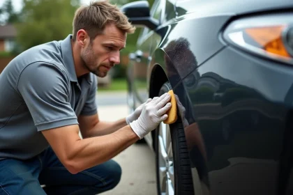 Homme appliquant un produit de polissage sur un plastique rayé de pare-chocs de voiture noire