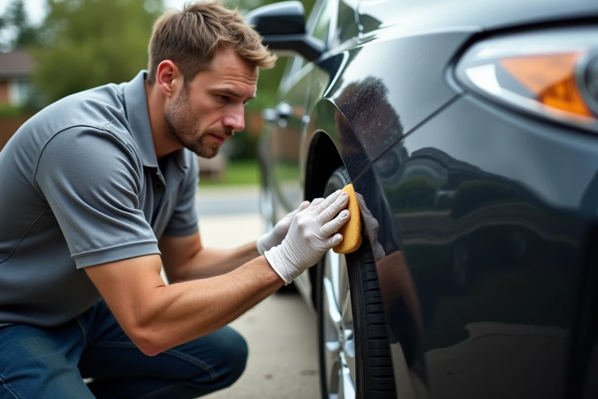 Homme appliquant un produit de polissage sur un plastique rayé de pare-chocs de voiture noire