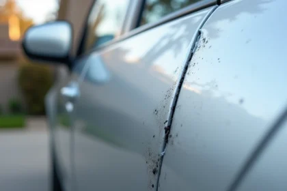 Rayure sur carrosserie de voiture argentée avec traces de frottement amateur aggravant les dégâts