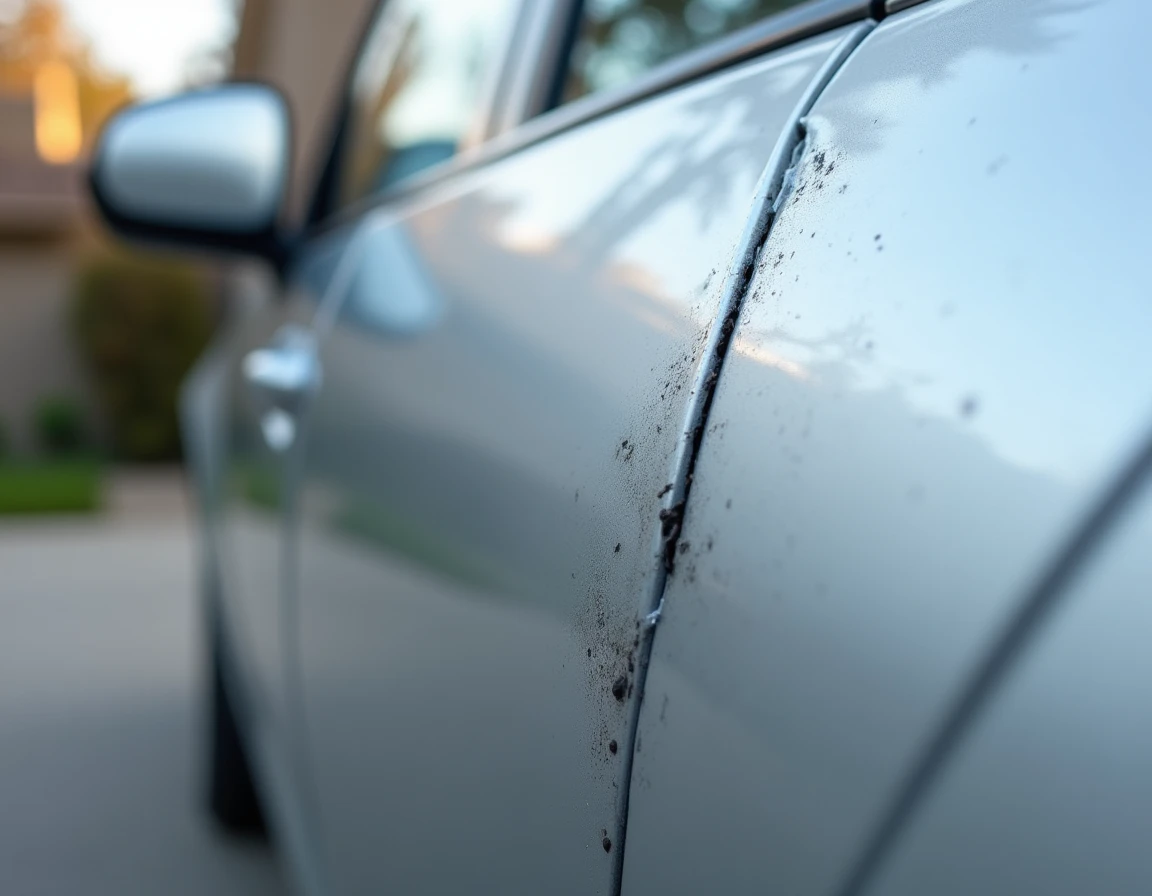 Rayure sur carrosserie de voiture argentée avec traces de frottement amateur aggravant les dégâts