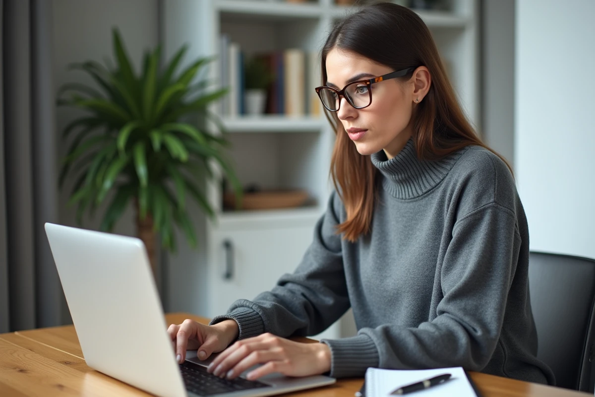 Femme recherchant la cote d'un scooter sur internet depuis son bureau à domicile