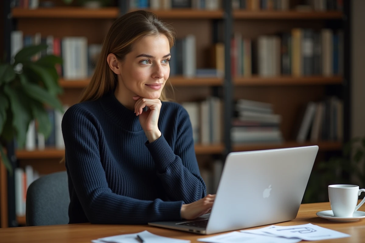 Femme recherchant une voiture d'occasion sur un site internet depuis son bureau à domicile