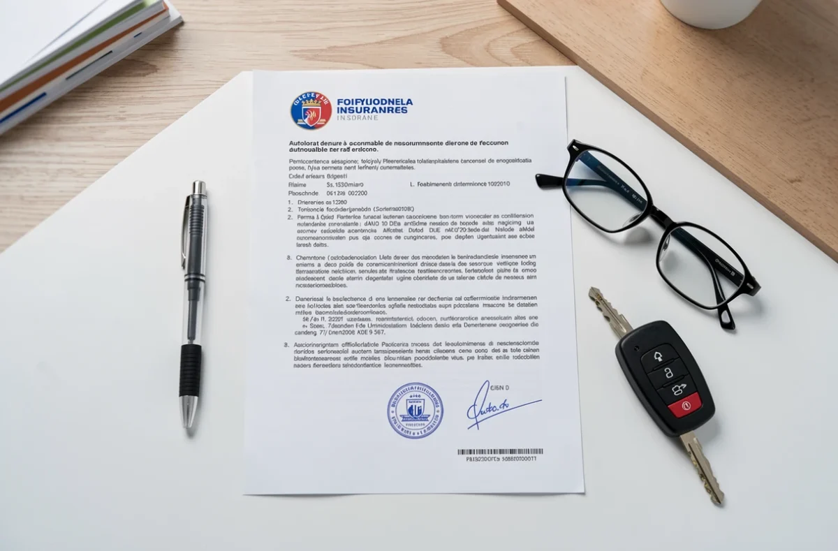 Relevé d'assurance automobile posé sur un bureau avec clés de voiture et stylo, vue de dessus