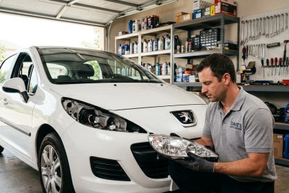 Mécanicien examinant un phare de remplacement pour Peugeot 207 dans un garage