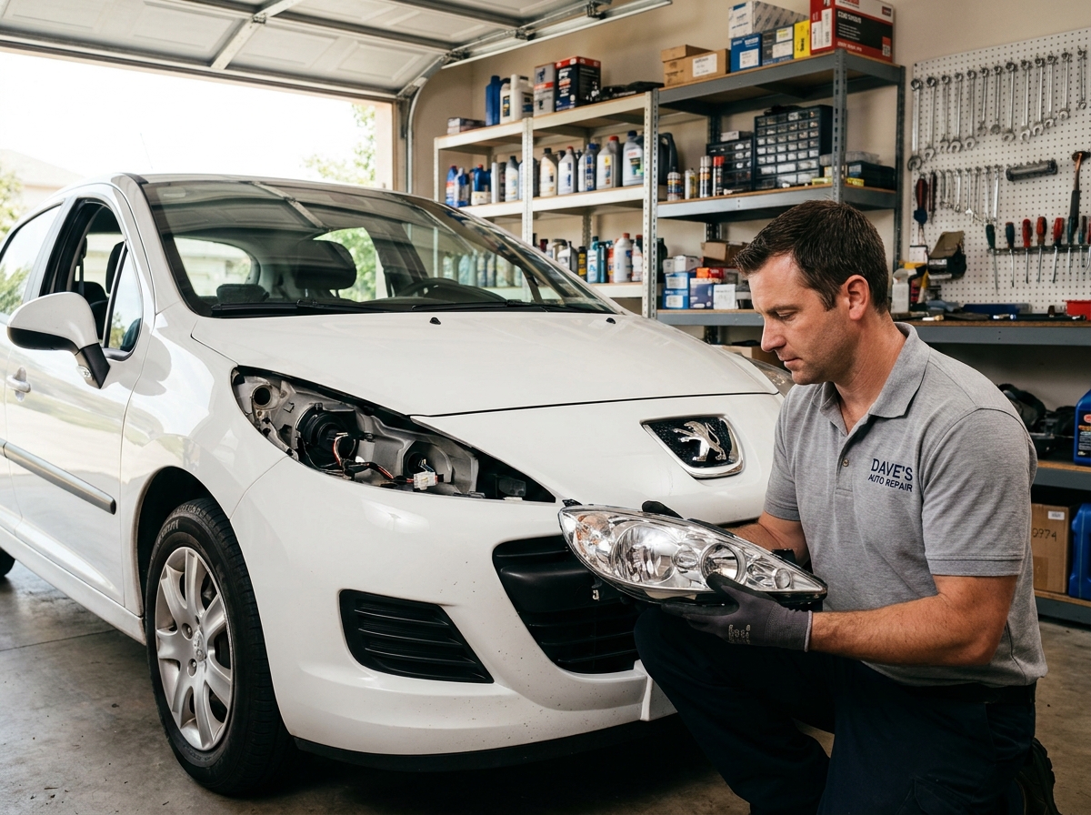 Mécanicien examinant un phare de remplacement pour Peugeot 207 dans un garage