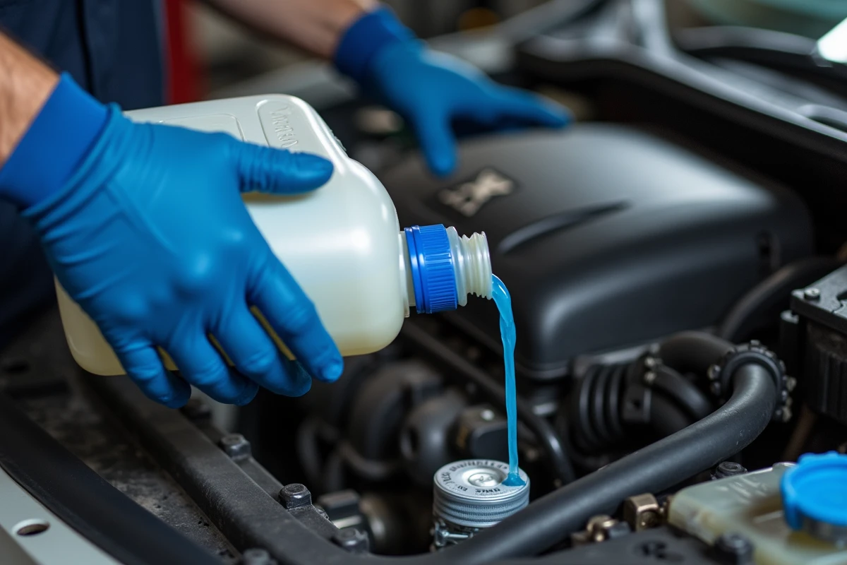 Mécanicien versant du liquide AdBlue dans le réservoir dédié d'une Peugeot 208, mains gantées avec bidon blanc