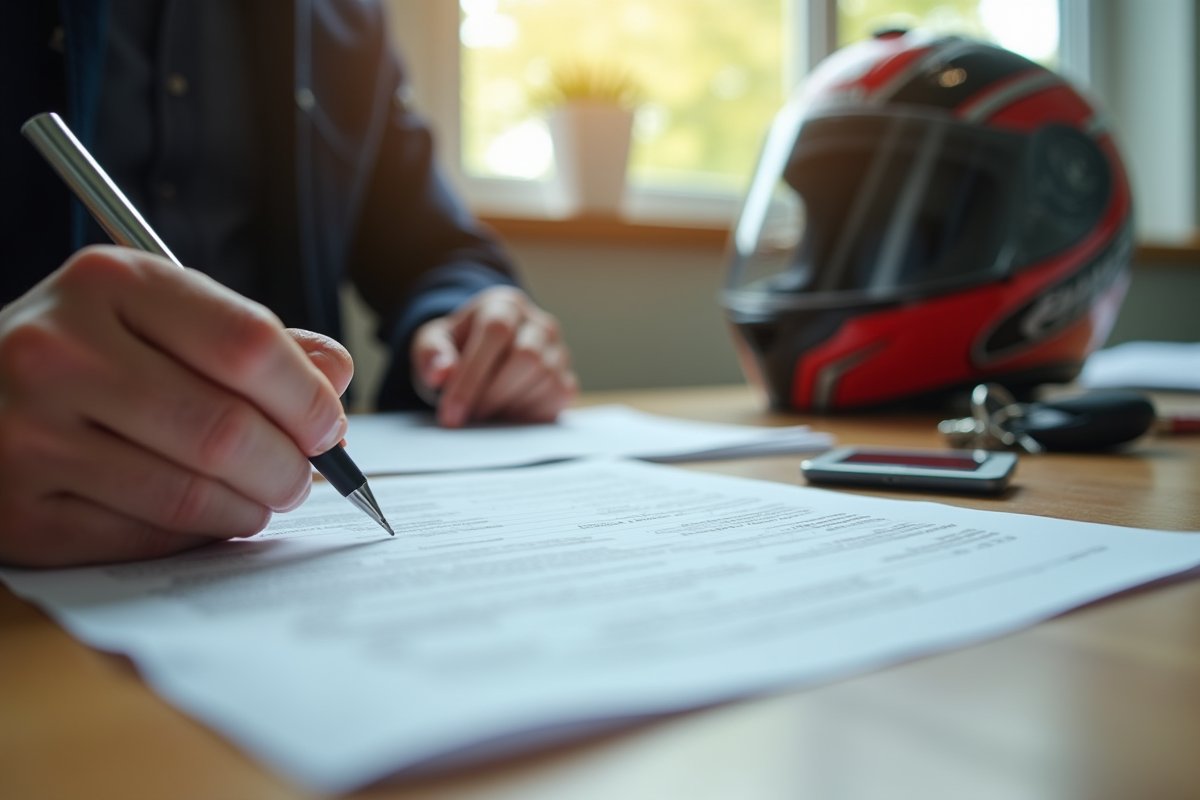 Mains remplissant un formulaire de permis moto sur un bureau en bois