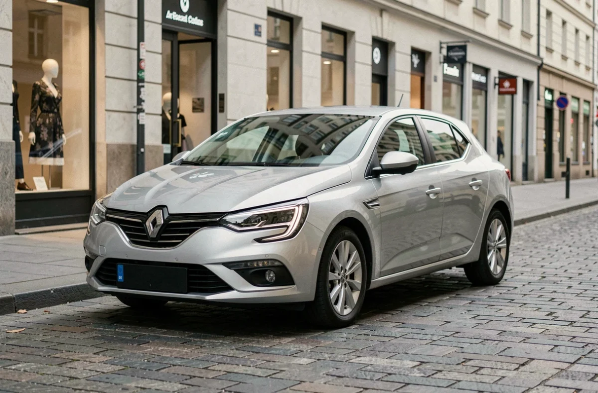 Renault Megane vue de face en trois quarts sur une rue urbaine, illustrant ses dimensions extérieures et sa longueur