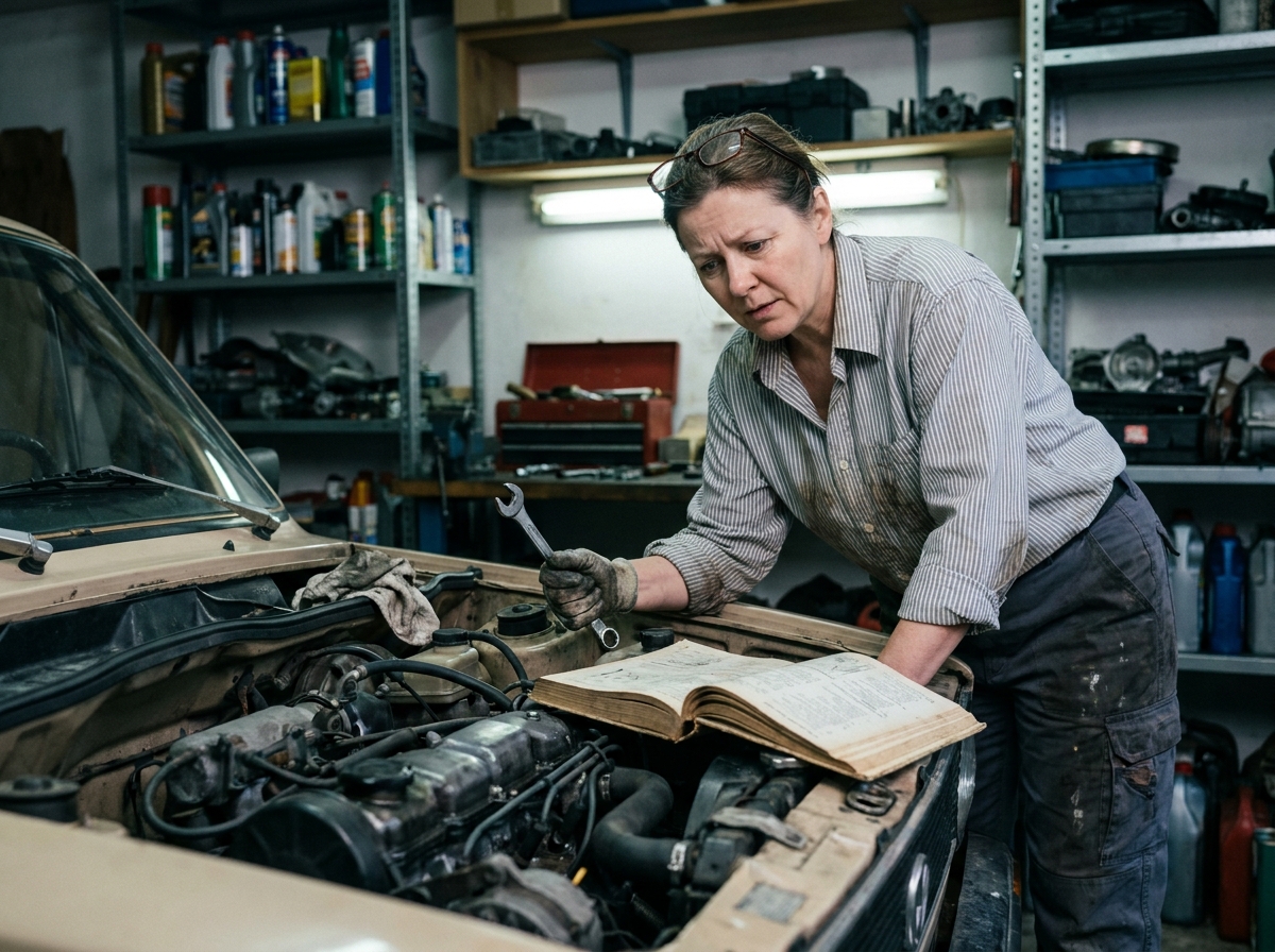 Femme consultant un manuel de réparation penchée sur le moteur d'une vieille voiture dans un garage domestique