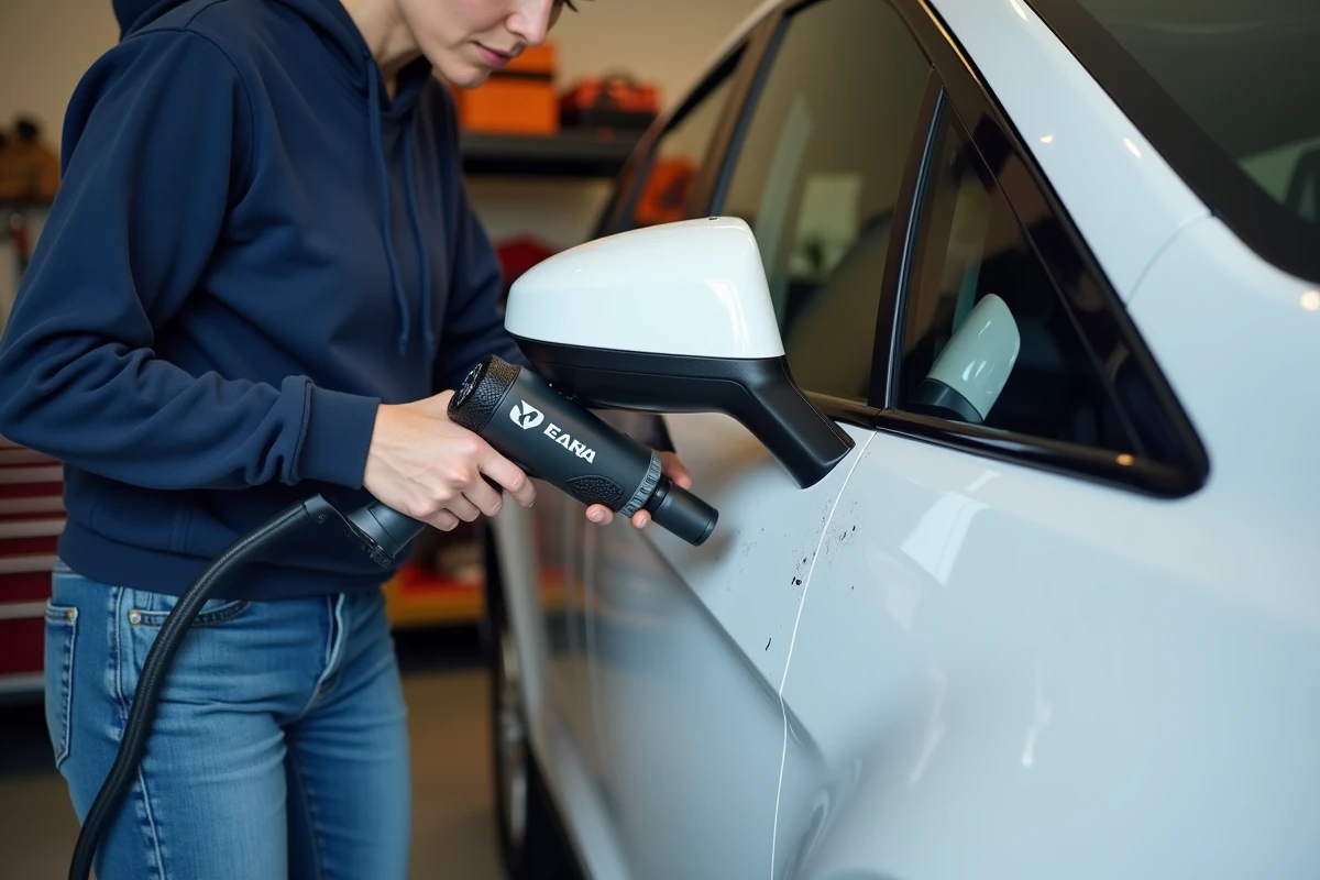 Femme utilisant un décapeur thermique pour réparer un plastique rayé sur une portière de voiture