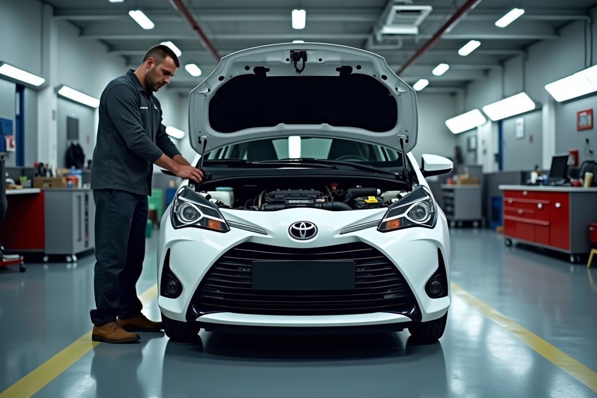 Mecanicien inspectant une Toyota Yaris dans un garage propre