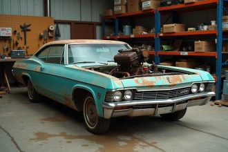 Chevrolet Impala 1967 4 portes en cours de restauration dans un atelier avec capot ouvert et pièces détachées visibles