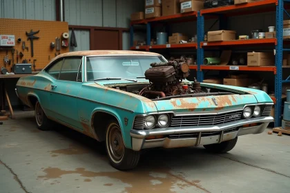Chevrolet Impala 1967 4 portes en cours de restauration dans un atelier avec capot ouvert et pièces détachées visibles