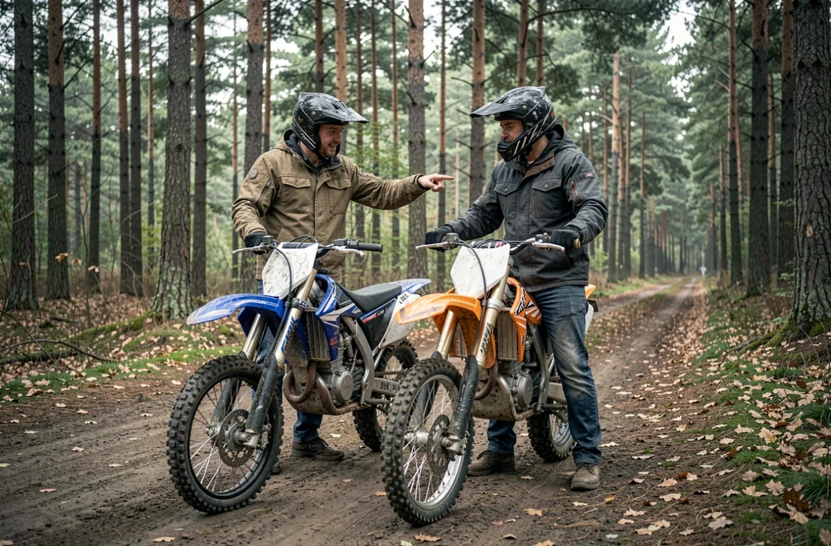 Deux riders de moto cross discutant à côté de leurs motos sur un sentier forestier
