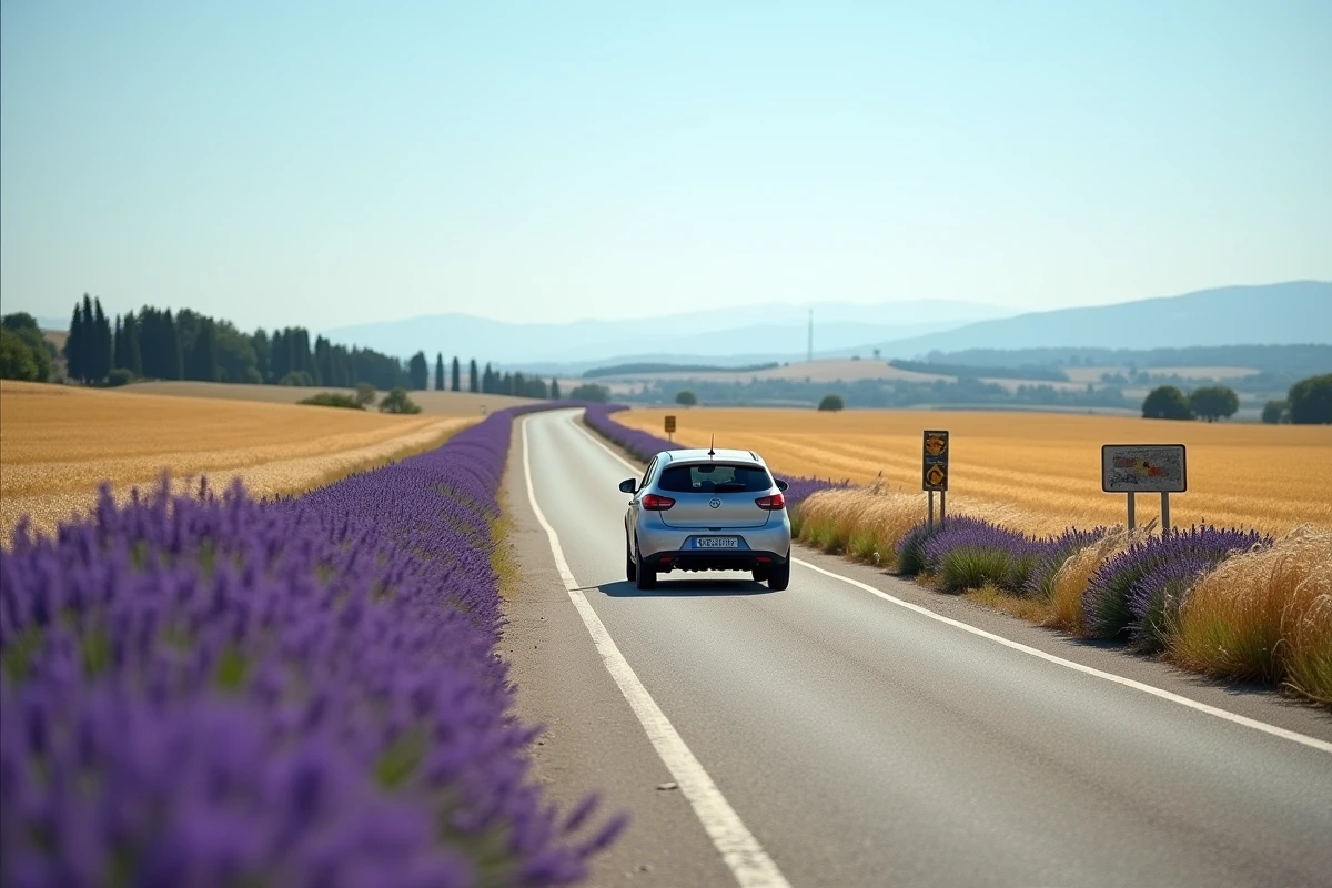 Route nationale gratuite traversant des champs de lavande en Provence pendant les vacances d'été en France