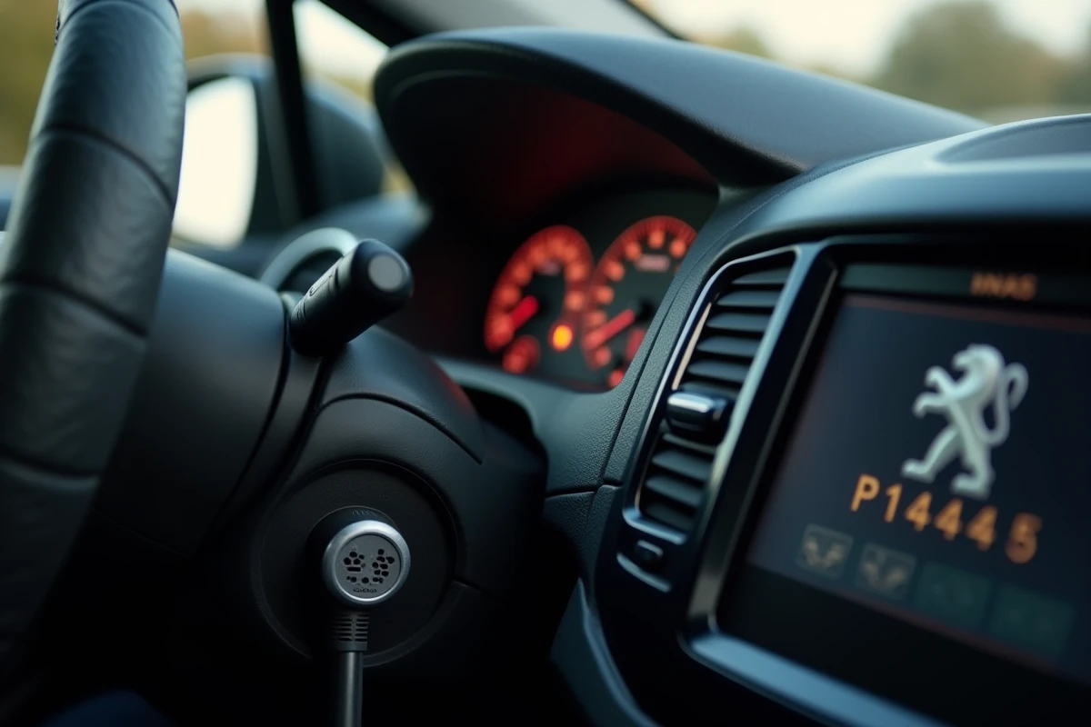 Scanner OBD2 affichant le code erreur P1445 branché sur le port diagnostic d'une Peugeot avec témoins allumés au tableau de bord
