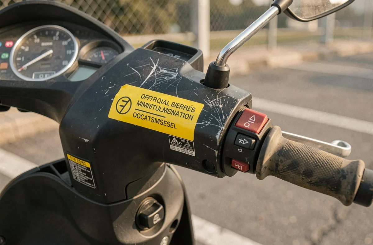 Gros plan sur un scooter 50cc immobilisé avec un autocollant officiel de mise en fourrière, conséquence d'un défaut d'assurance