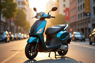 Scooter 50cc moderne garé en ville avec bâtiments en arrière-plan