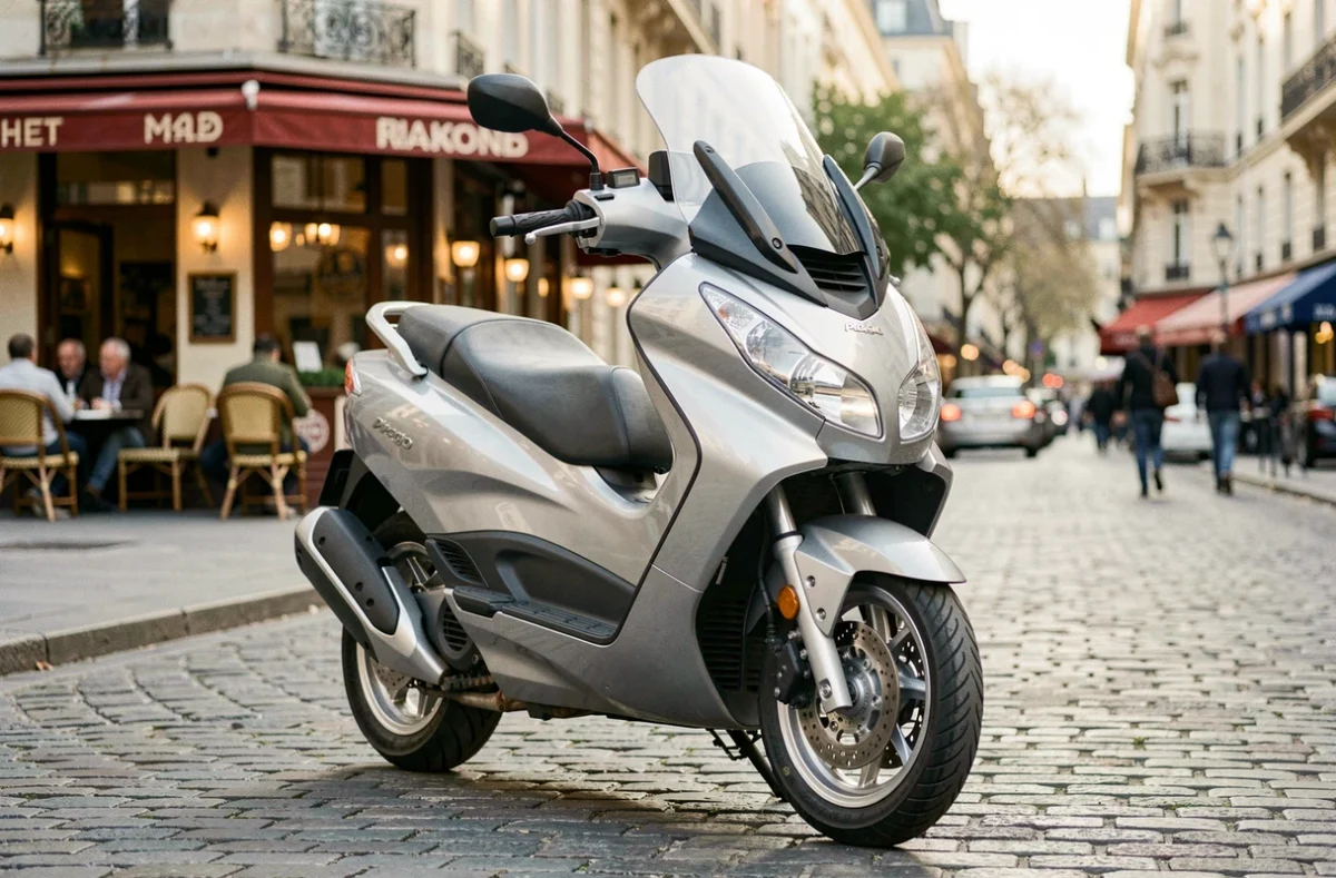 Scooter Piaggio MP3 500 argenté garé dans une rue pavée parisienne, vue trois quarts avant montrant les trois roues caractéristiques